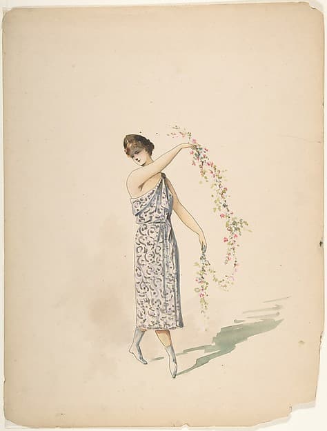 A theatrical costume drawing of a figure draped in a white gown.
