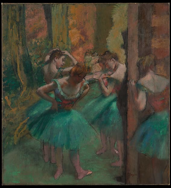 A painting of ballet dancers in pink and green costumes gathered in the wings of a theater.