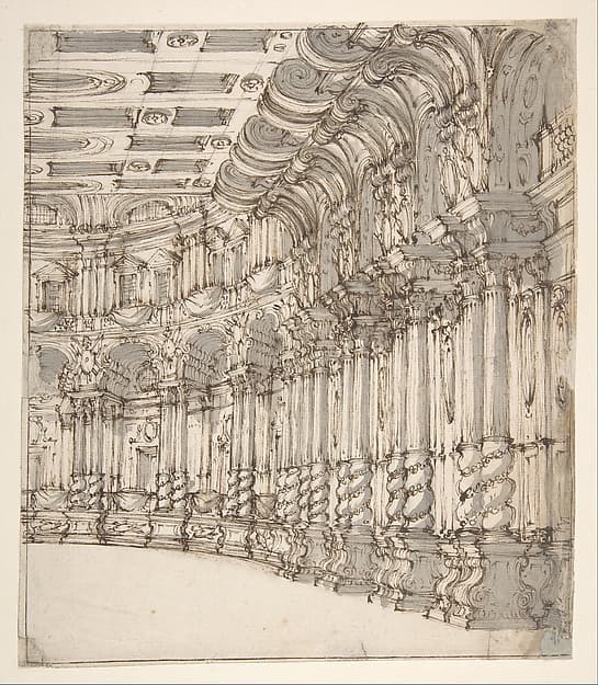 An architectural stage drawing with twisting columns, elaborate overhead scrollwork, and a deep theatrical perspective.