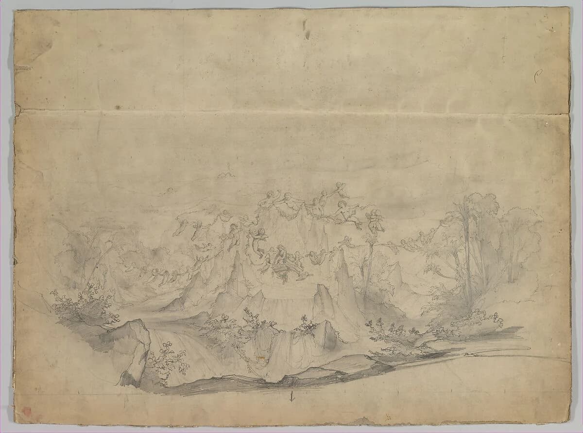 A pale pencil drawing proposes a theatrical landscape, with trees, rocks and a path arranged across the scene.