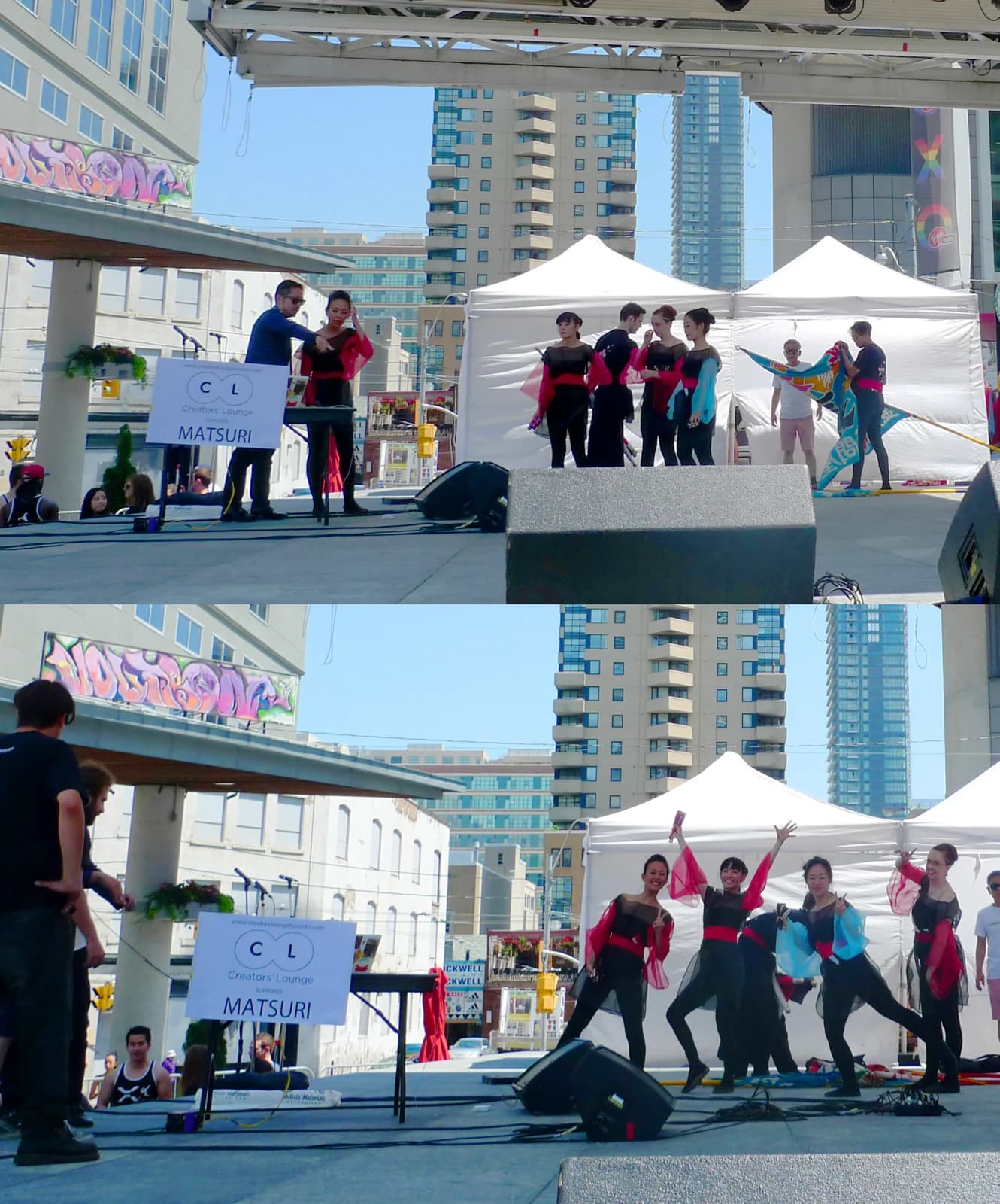 Two documentary views show performers and crew preparing an outdoor stage.