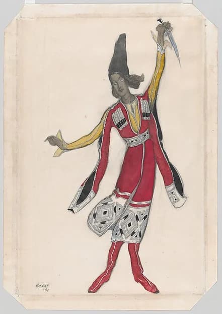 A gouache costume drawing of a dancer in red trousers and layered patterned garments, one arm raised.
