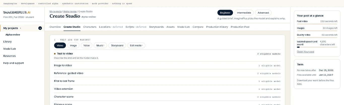 A development-build interface shows Create Studio, production choices and the example allowance alongside the workspace.